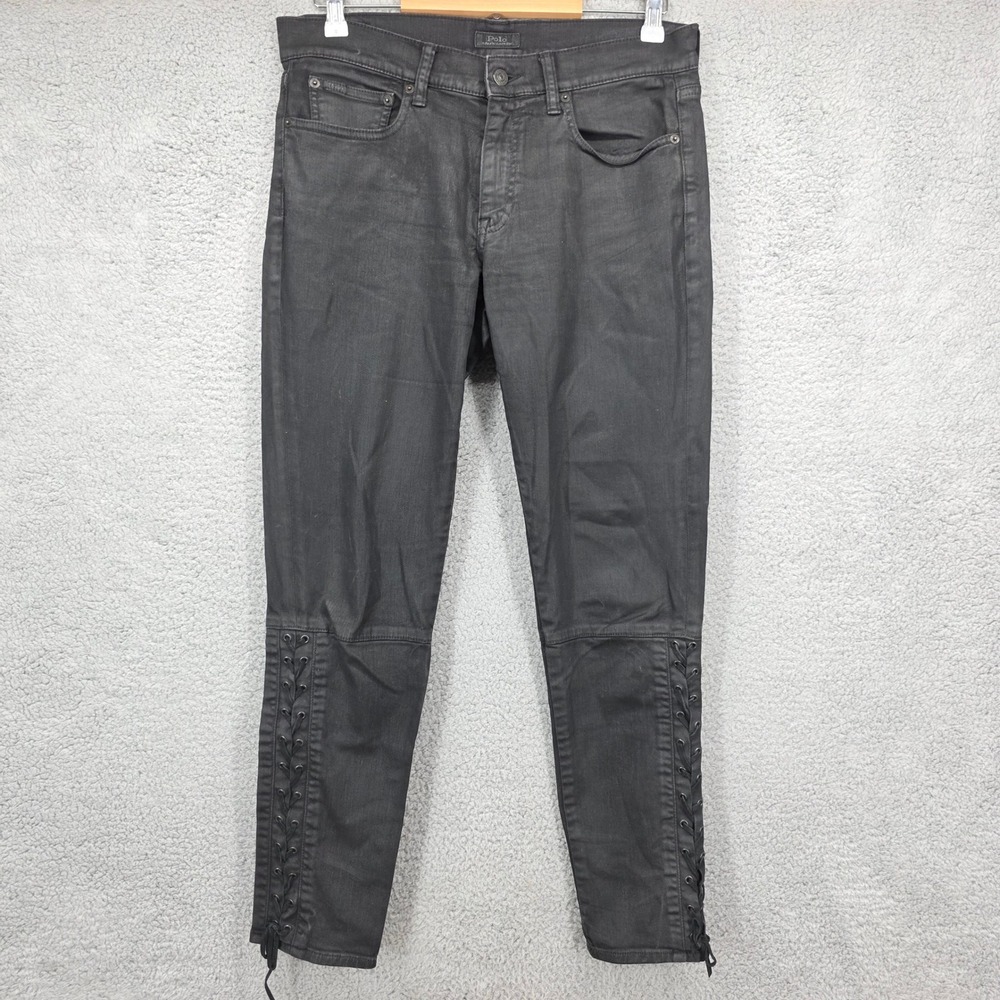 Polo Ralph Lauren Women's Size 28R Black Denim Mid Rise Lace Up Leg Skinny Jeans